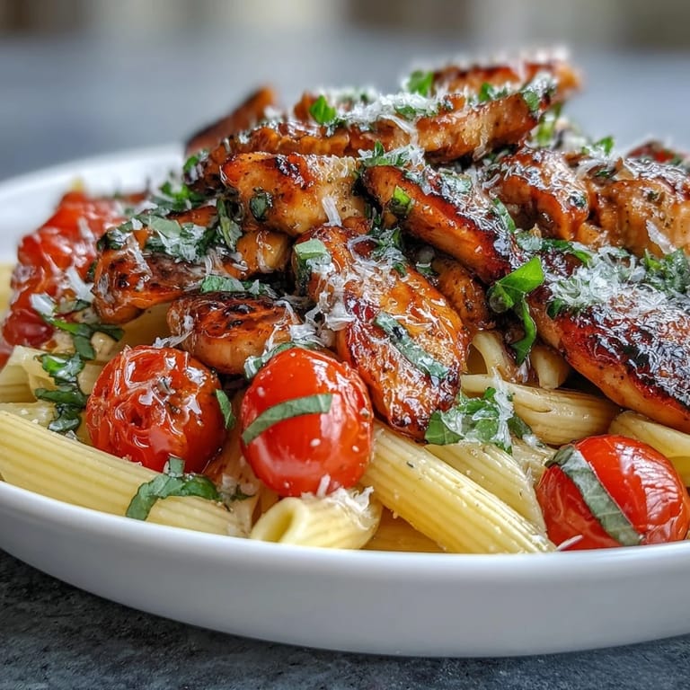 A close-up of Bruschetta Chicken Pasta shows glossy balsamic glaze, tender chicken slices, and al dente penne speckled with fresh herbs.
