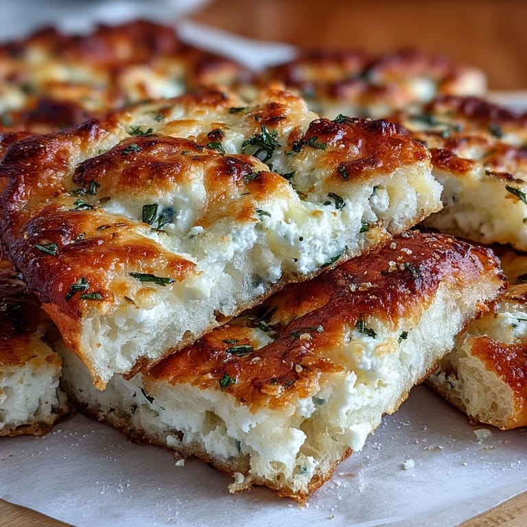 Stack of fluffy cottage cheese flatbreads served with a bowl of creamy dip and lemon.