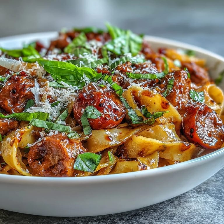 Close-up of Italian Drunken Noodles showcasing juicy cherry tomatoes, garlic, and melted Parmesan cheese garnish.