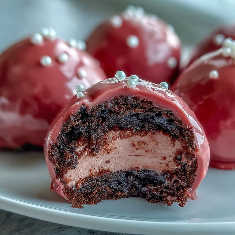 Close-up of Oreo Truffle Balls showing the pink candy shell snapping to reveal a creamy center.