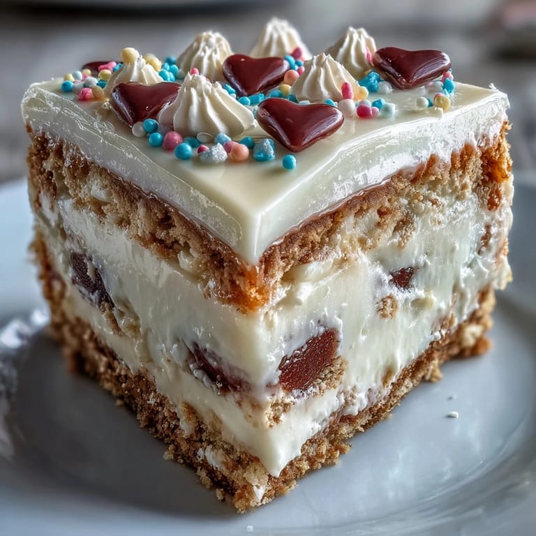 Thick slice of Candy Hearts Fake Cake with velvety cream cheese filling, pastel hearts, and rainbow sprinkles ready to serve.