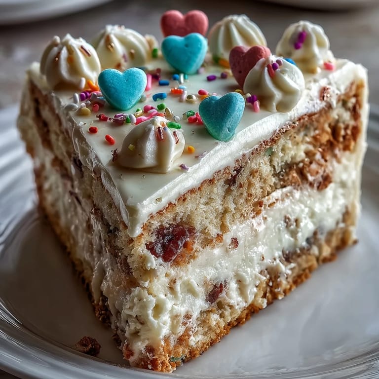 Chilled Candy Hearts Fake Cake decorated with conversation hearts, layered with airy whipped cream and a buttery graham crust.