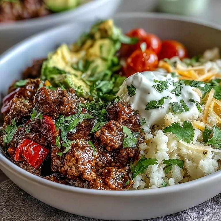 Sizzling spiced beef, fluffy cauliflower rice, and vibrant veggies fill this Low Carb Burrito Bowl, topped with sour cream and cheddar.