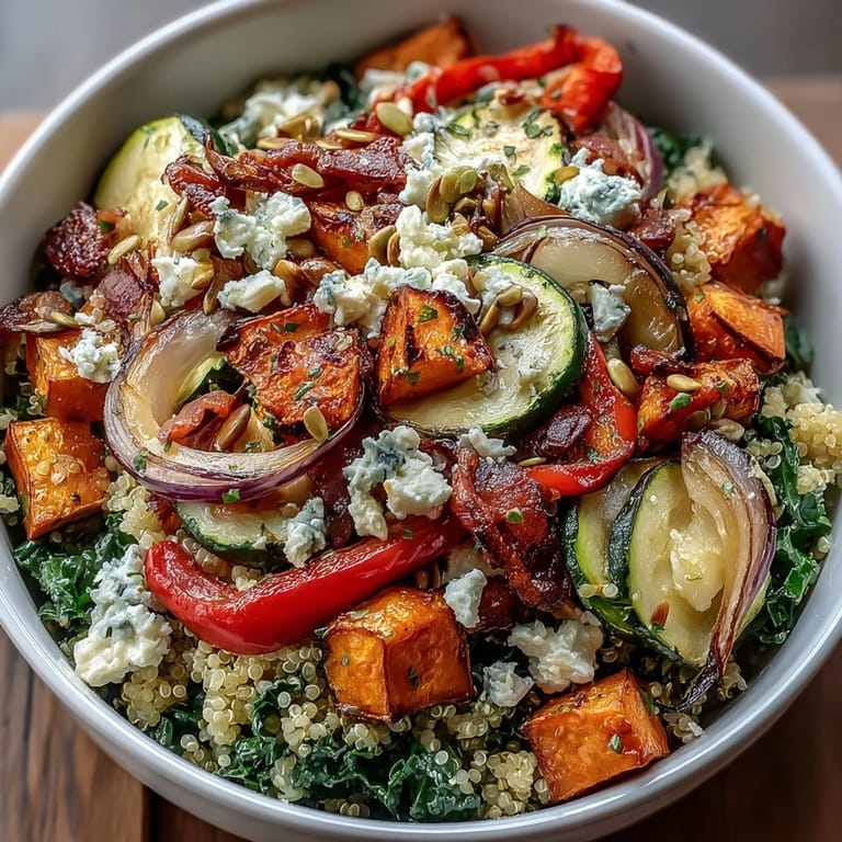 This wholesome Warm Salad Bowl includes wilted spinach, tender roasted zucchini, and a honey-Dijon vinaigrette, perfect for a nutritious dinner.