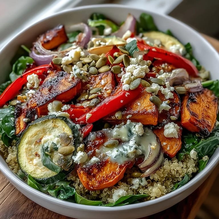 Golden roasted vegetables and fluffy quinoa fill this Warm Salad Bowl, topped with crumbled feta and toasted pumpkin seeds for texture.  