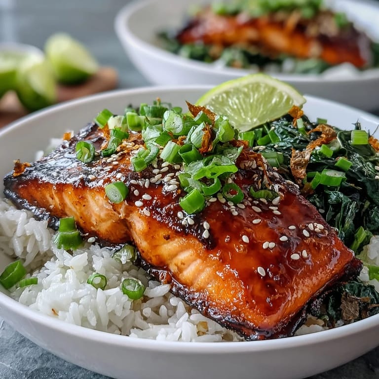 Overhead view of a fresh Miso Glazed Salmon Bowl with lime wedges, nori strips, and toasted sesame seeds.
