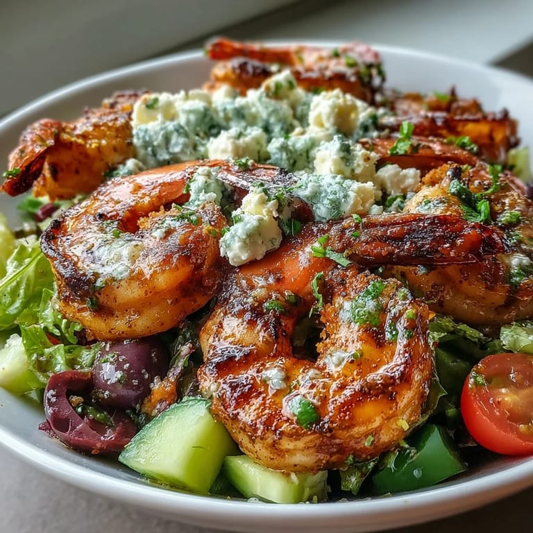 Delectable Greek Shrimp Bowl featuring fresh vegetables and zesty lemon-herb dressing.