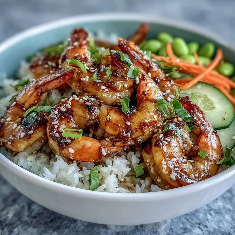 Juicy grilled shrimp top a healthy Asian Shrimp Bowl, ready to enjoy.
