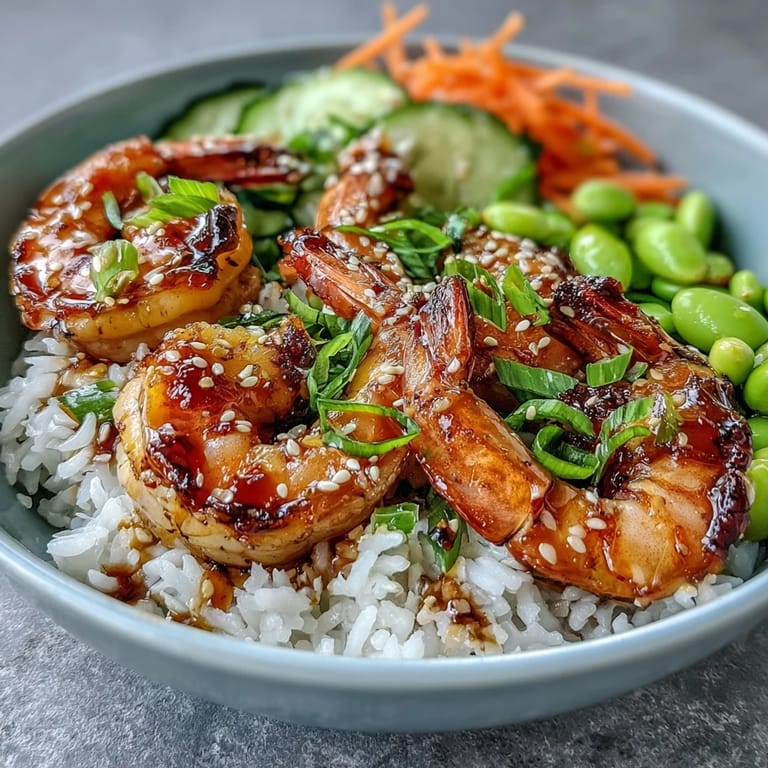 Beautifully plated Asian Shrimp Bowl featuring tender shrimp and crisp garden produce.