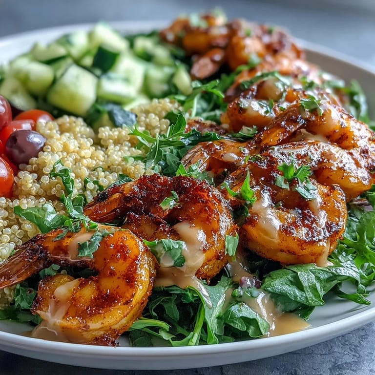 Enjoy this healthy, vibrant Mediterranean Shrimp Bowl with zesty lemon and tahini sauce.