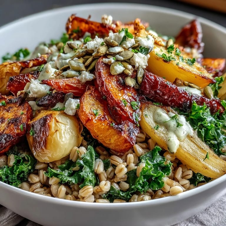 Golden roasted root vegetables and fluffy quinoa in a colorful Hearty Winter Grain Bowl.
