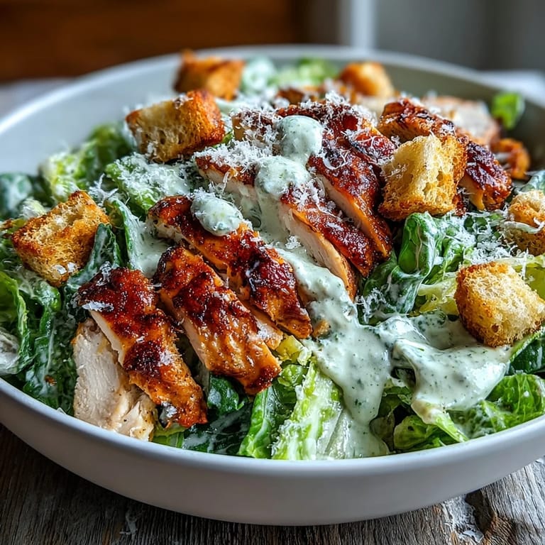 A Caesar Chicken Bowl features tender, herb-seasoned chicken over fresh greens, drizzled with creamy Caesar dressing and shaved parmesan.  
