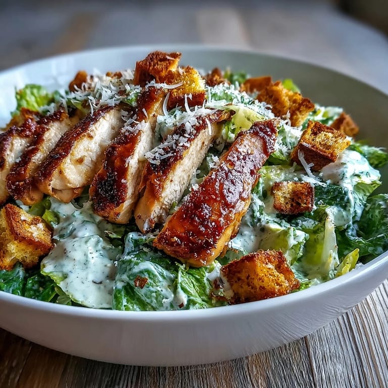 Bright, vibrant Caesar Chicken Bowl with golden croutons, grated parmesan, and grilled chicken breast served on a bed of crisp romaine.