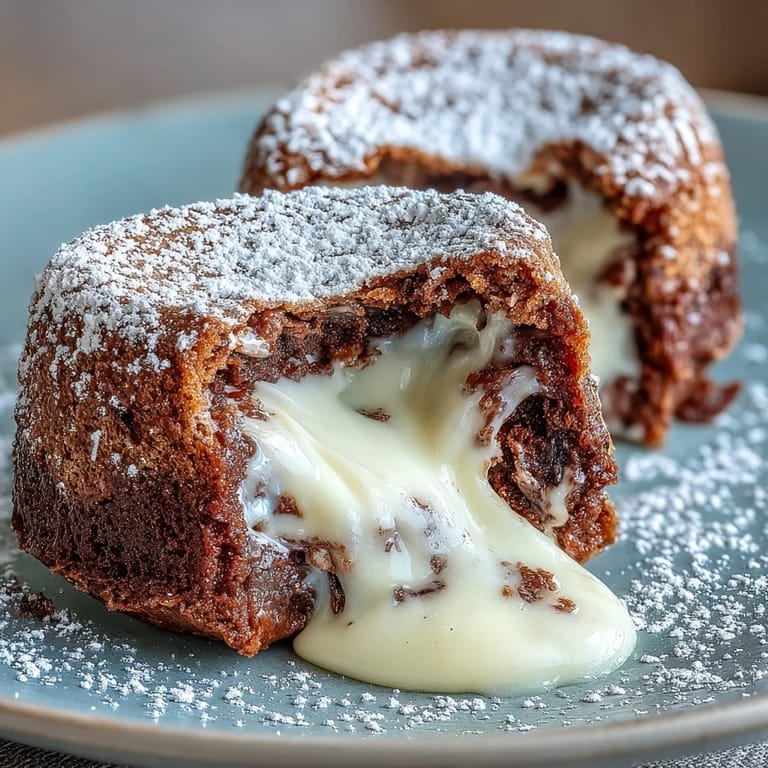 Four warm Hojicha White Chocolate Lava Cakes dusted with powdered sugar and topped with fresh raspberries for serving.