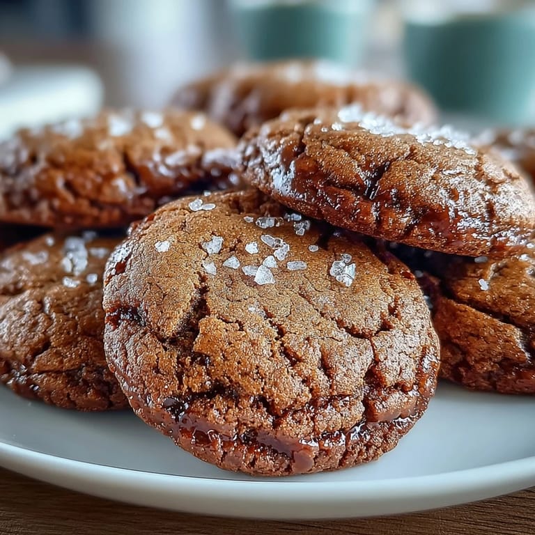 Close-up of Hojicha Brown Butter Cookies with flaky sea salt, highlighting the roasted green tea powder and melted butter swirl.