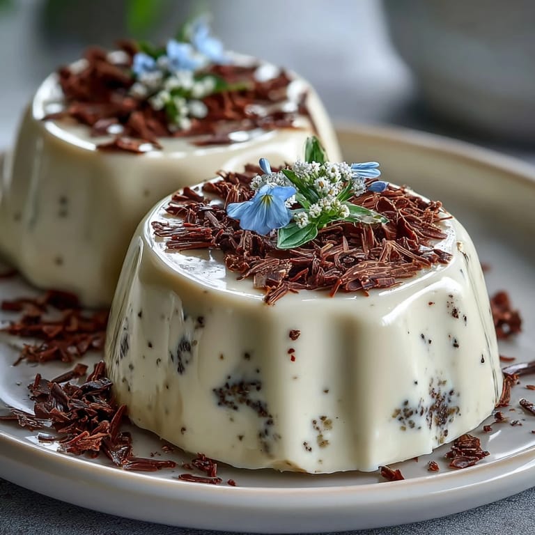 Creamy Hojicha Panna Cotta unmolded onto a plate, showcasing its smooth texture, paired with roasted nuts for added crunch.
