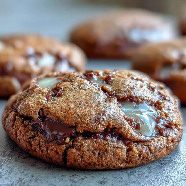 Freshly baked Hojicha Brownie Cookies feature creamy white chocolate chunks on a rustic wooden board.