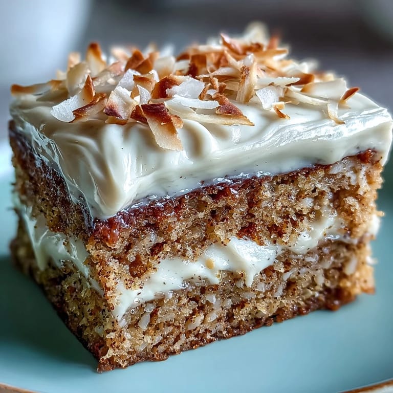 A slice of Vegan Hojicha Latte Cake reveals creamy coconut frosting on a ceramic plate.
