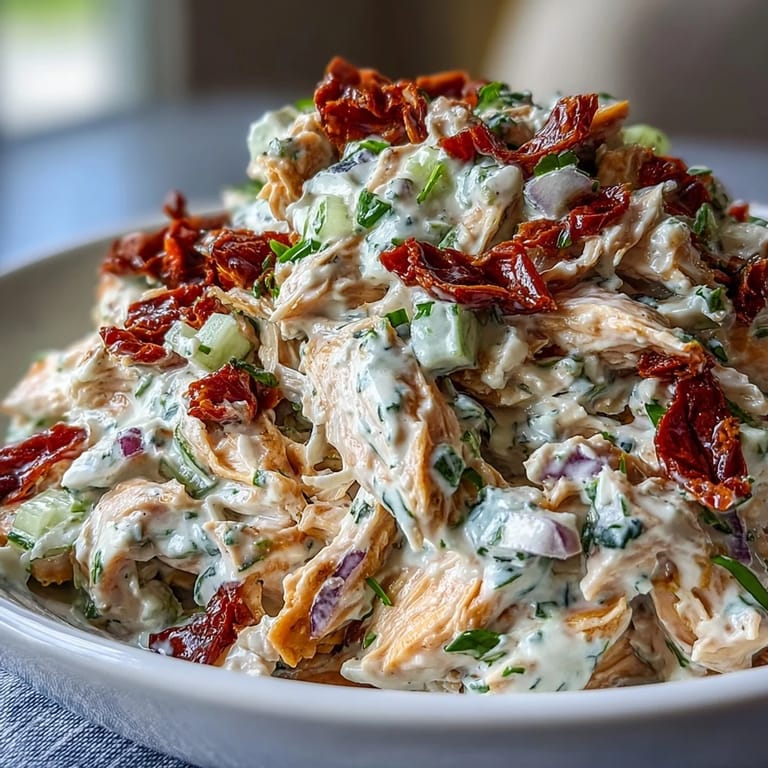 A vibrant protein-packed sun-dried tomato chicken salad served in a sandwich, with pita, or on crunchy crackers for lunch.