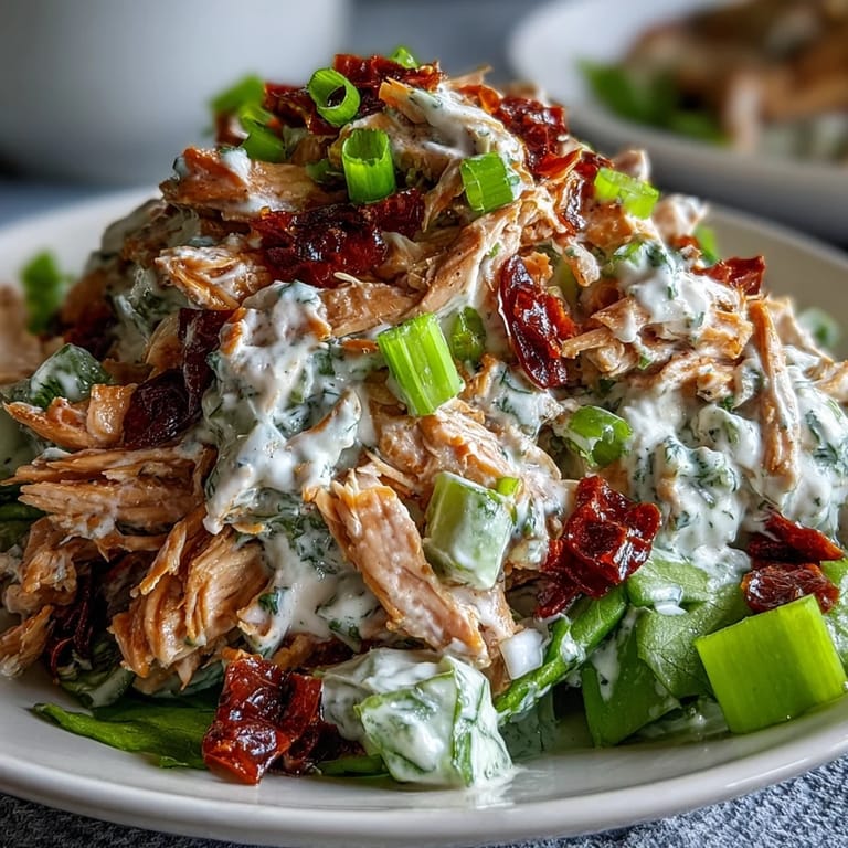 Fresh basil and minced garlic blend into a smooth dressing, coating shredded chicken and tangy sun-dried tomatoes in this salad.
