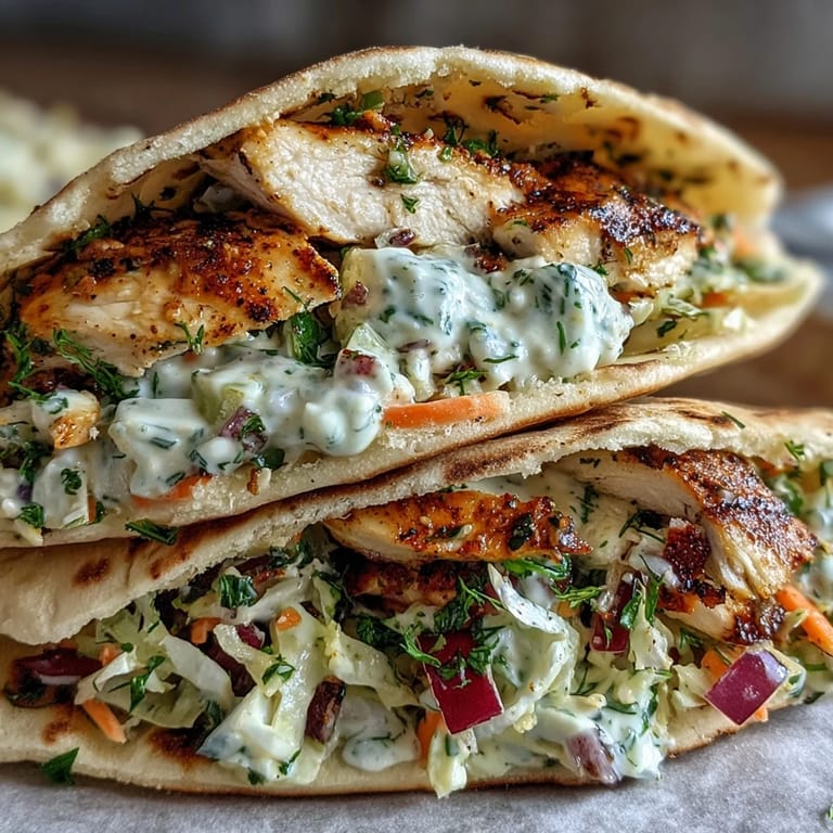 Juicy grilled chicken meets crisp, dill-flecked slaw inside a soft pita for a vibrant, handheld meal.