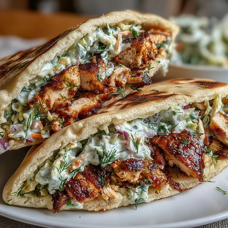 A colorful platter of Flavor-Packed Chicken Pitas with Creamy Herby Ranch Slaw, garnished with fresh herbs.