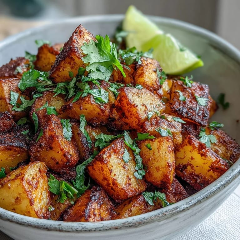 Spicy Mexican-Style Street Potatoes served hot from the skillet, glistening with a vibrant, chili-lime coating and fresh herbs.