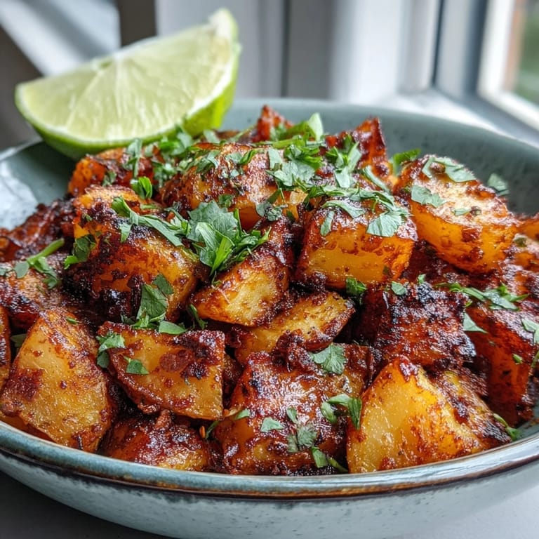 A close-up of seasoned potatoes with a crispy texture, ready to be enjoyed as a bold street-food-inspired side dish.