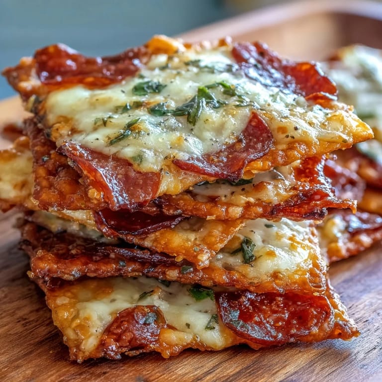 Close-up of homemade Pepperoni Cheese Crisps with melted mozzarella and cheddar on a baking sheet.