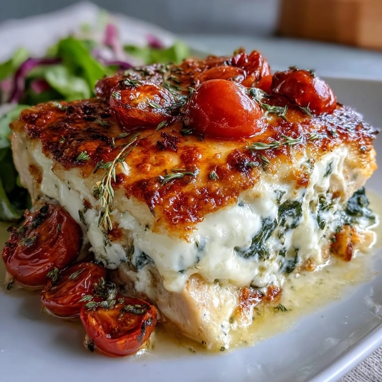 Fresh spinach and garlic top tender chicken in this High Protein Chicken Bake, perfectly golden and bubbly.