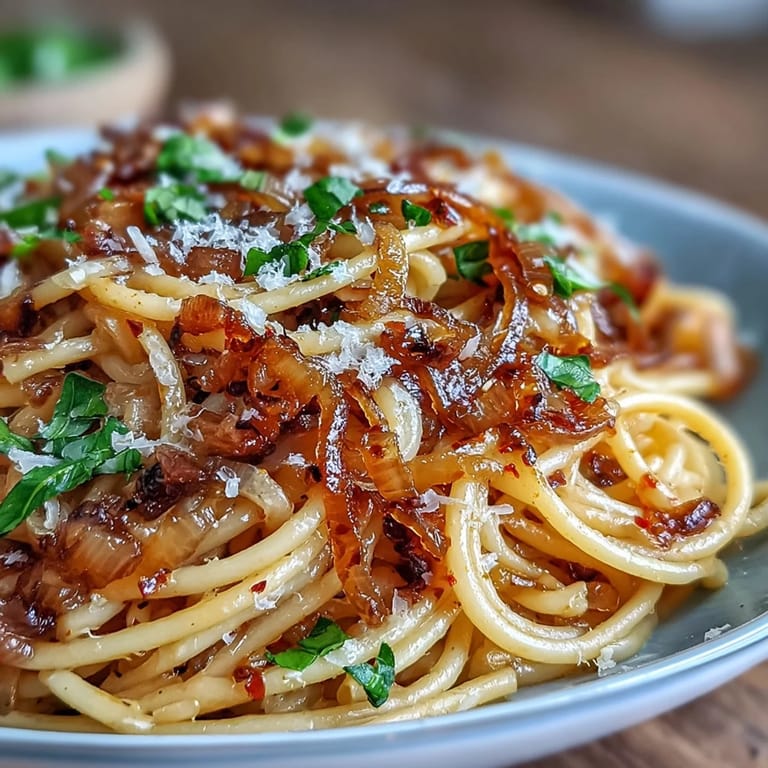 Deep golden Caramelized Onion Pasta with chili oil drizzle and fresh herbs on a rustic plate.