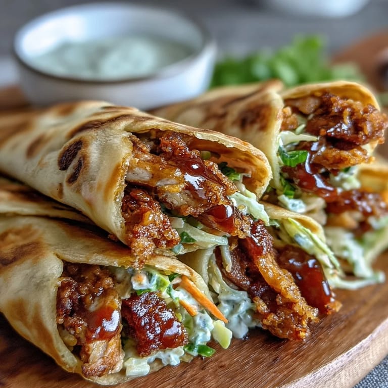 Warm flour tortillas wrapped around golden fried turkey strips and vibrant gochujang slaw.