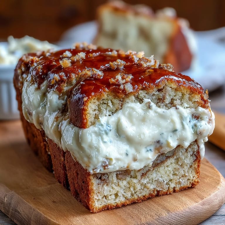 A close-up view highlights the golden crust of the Cream Cheese Cinnamon Swirl Protein Loaf with melted cinnamon filling.