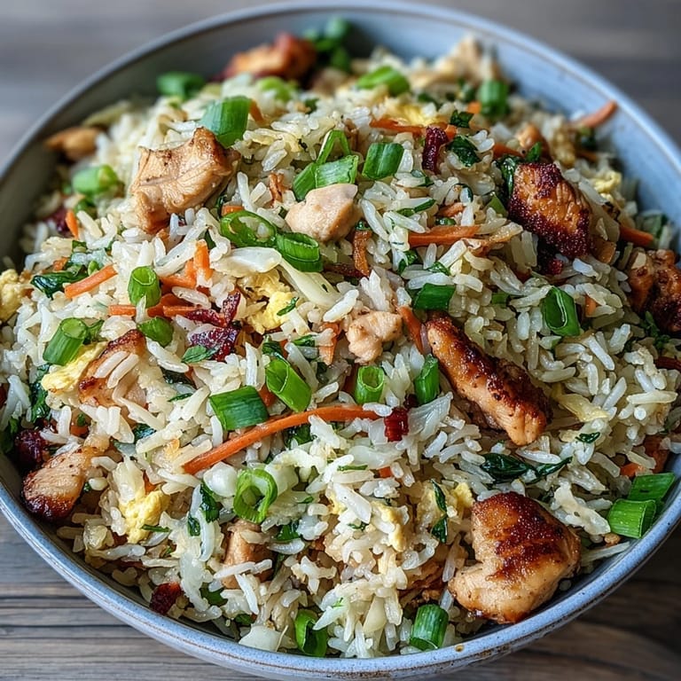 Top-down view of Egg Roll Fried Rice with Chicken served in a black bowl, garnished with sliced green onions and a side of chopsticks.
