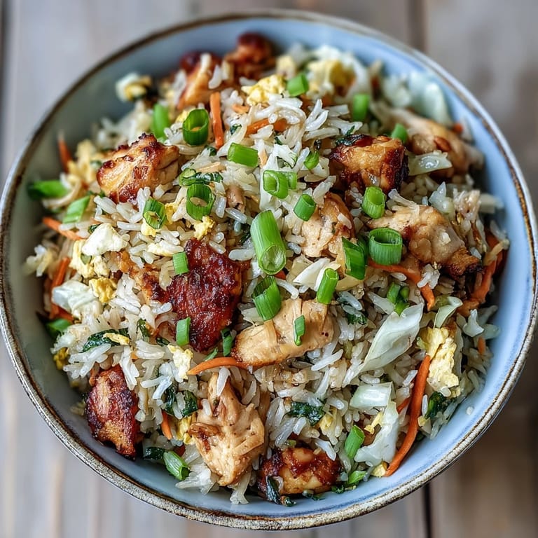 A chef's hand sautéing Egg Roll Fried Rice with Chicken in a wok, stir-frying fresh garlic, ginger, and colorful vegetables.