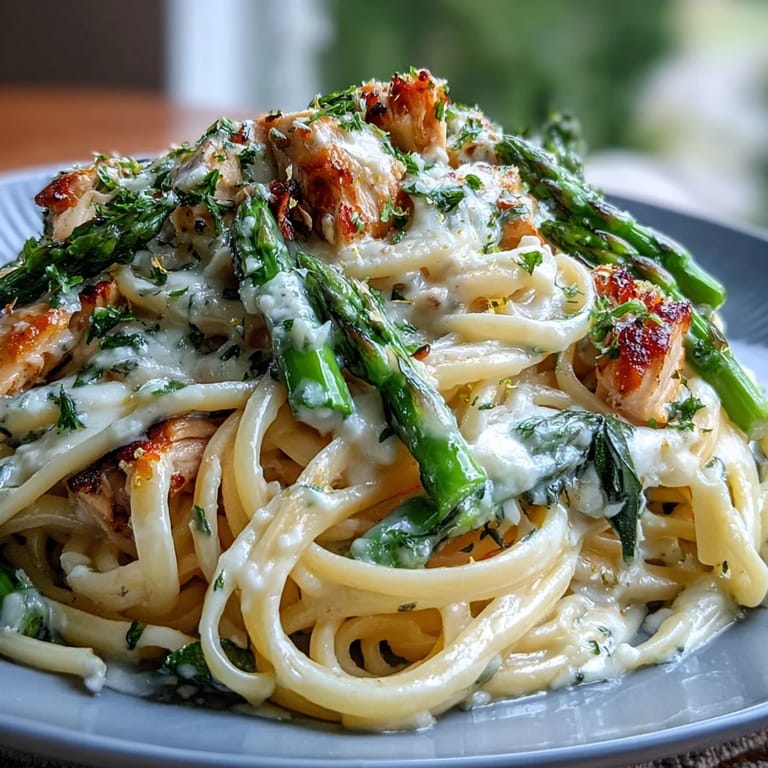 Creamy Asiago Chicken & Asparagus Pasta is garnished with fresh herbs and served steaming hot in a white bowl.