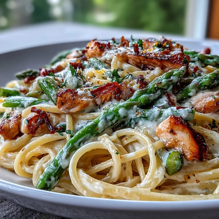 A close-up view of Creamy Asiago Chicken & Asparagus Pasta highlights melted cheese strands clinging to al dente noodles.