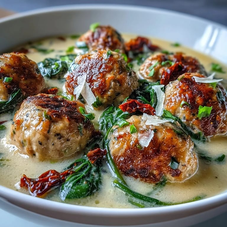 A spoon dipping into Creamy Tuscan Turkey Meatball Soup reveals tender turkey meatballs and wilted spinach.