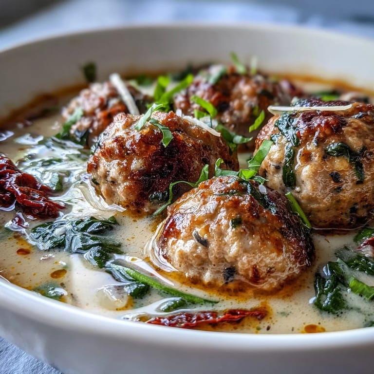 Creamy Tuscan Turkey Meatball Soup served beside crusty bread, with sun-dried tomatoes and rich garlic broth.