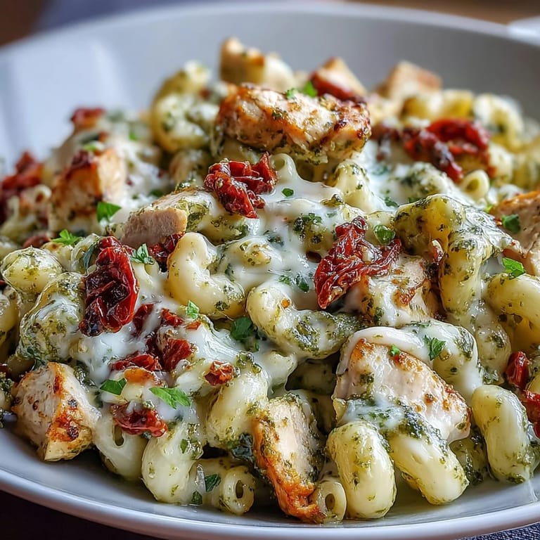 Steam rises from a creamy bowl of Pesto Chicken Chili Mac, garnished with fresh basil and extra Parmesan cheese.