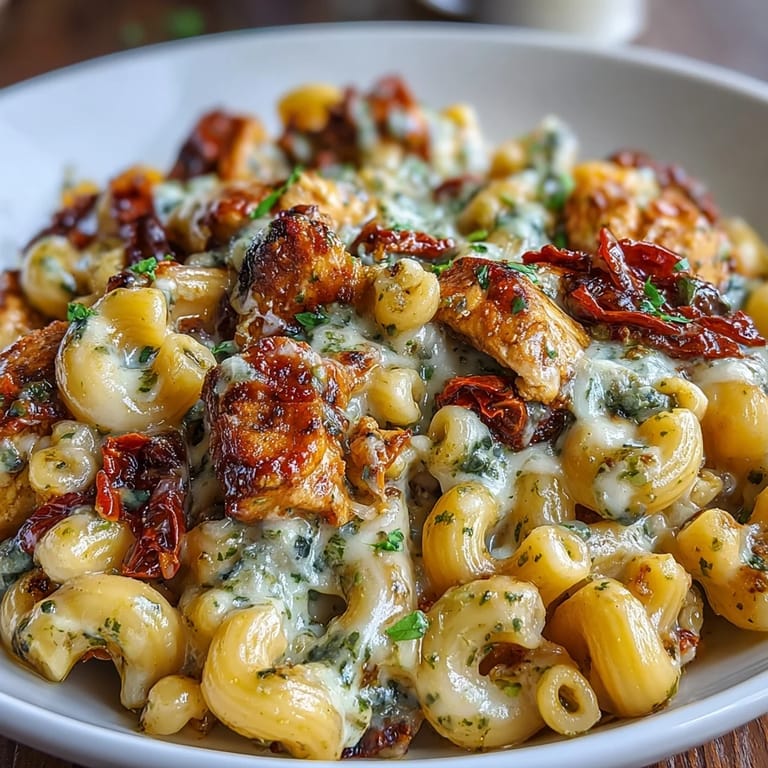 A skillet of homemade Pesto Chicken Chili Mac features elbow macaroni, diced chicken, and vibrant red bell peppers in rich sauce.