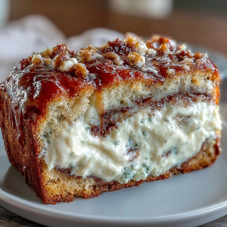 A sliced piece of Cream Cheese Cinnamon Swirl Protein Loaf reveals a thick, creamy cinnamon filling inside the tender banana bread-inspired batter.