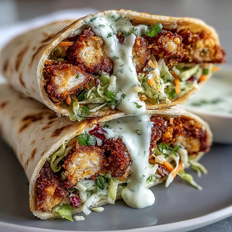 Fully assembled wrap cut in half to reveal juicy turkey, tangy slaw, and drizzled spicy mayo inside soft tortillas.