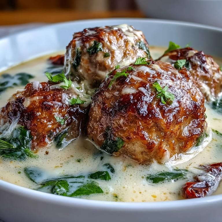 Steam rises from bowls of Creamy Tuscan Turkey Meatball Soup served with crusty bread for dipping.