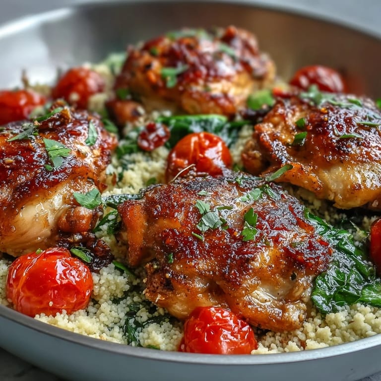 A hearty one-pan garlic butter chicken couscous meal simmered with spinach, served with fresh lemon wedges on the side.