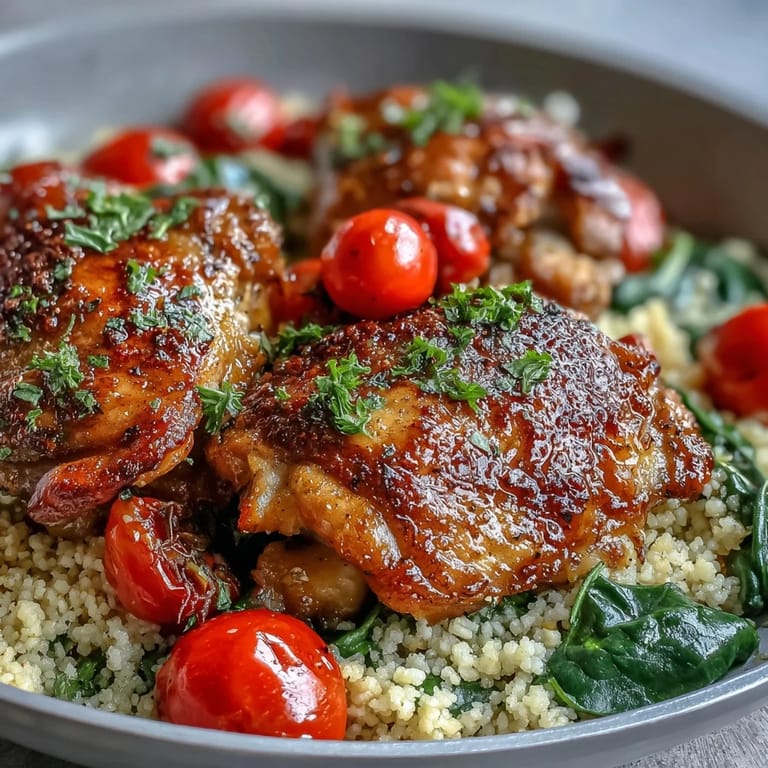 Tender chicken thighs nestled in fluffy couscous with cherry tomatoes and spinach, showcasing a flavorful Mediterranean-inspired one-pan dinner.