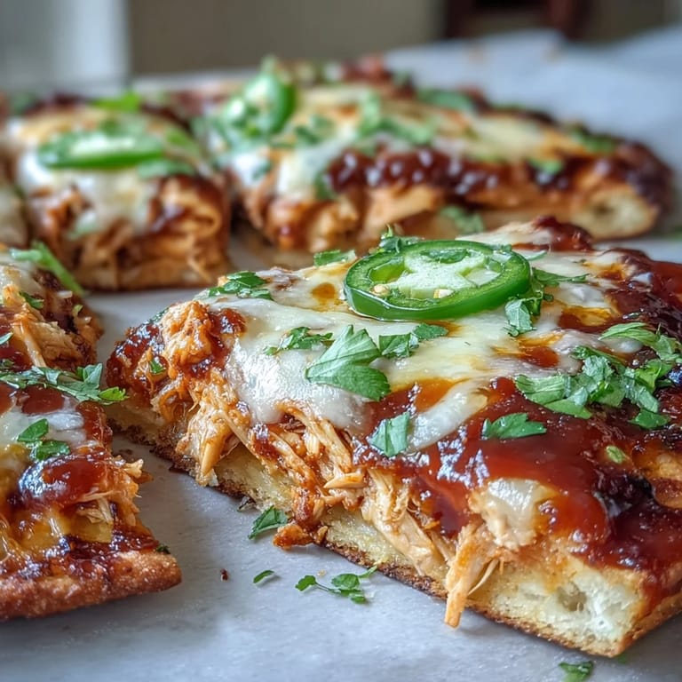 A close-up of Garlic Naan Chicken Enchilada Pizzas showing juicy chicken, bubbly cheese, and sliced jalapeños on a crisp, golden naan.