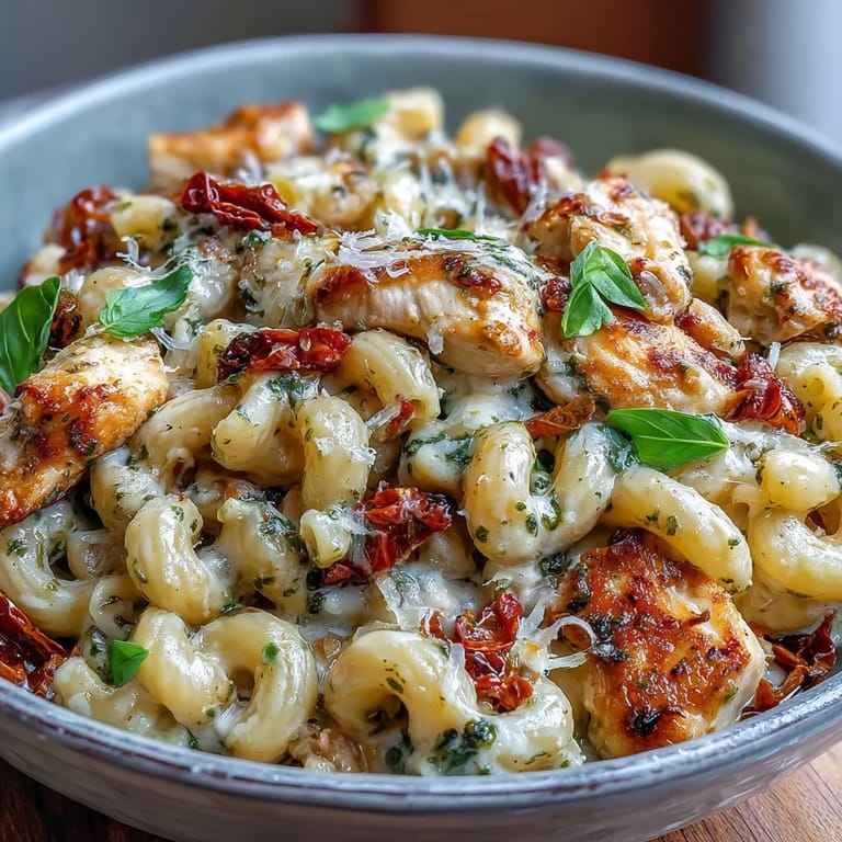 A steaming pot of Pesto Chicken Chili Mac with sun-dried tomatoes and a cheesy, pesto swirl.