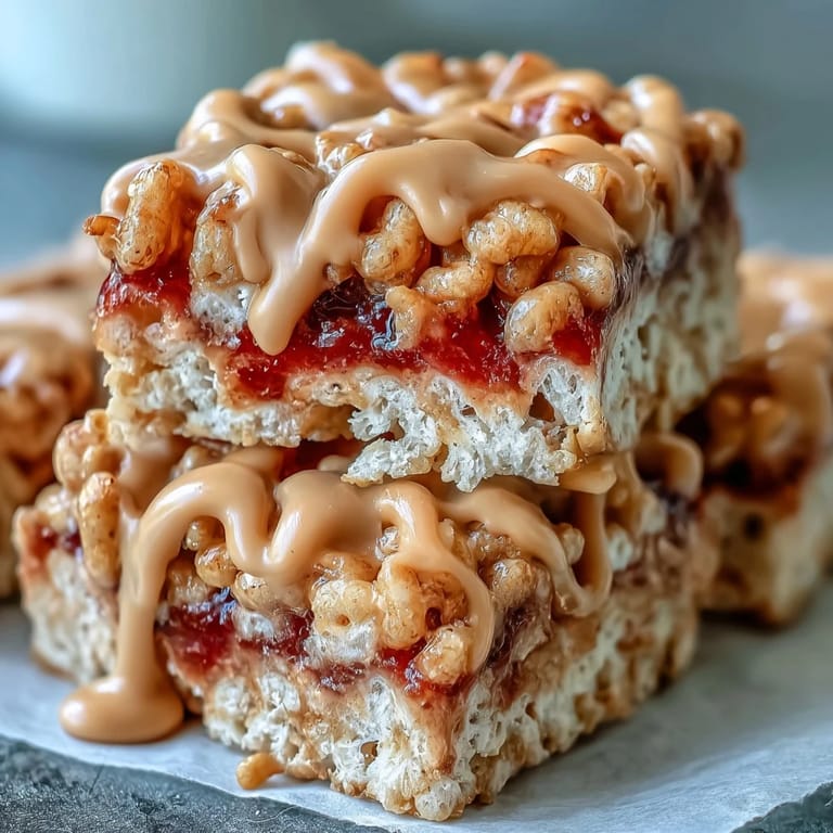 A close-up view of High-Protein PB&J Rice Krispie Bars stacked on a plate, with a glass of milk ready for an after-school snack.  