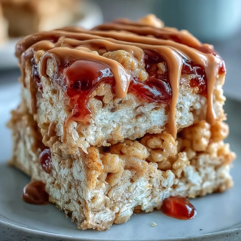 Overhead shot of High-Protein PB&J Rice Krispie Bars on a marble counter, highlighting the chewy texture and colorful jam marbling.
